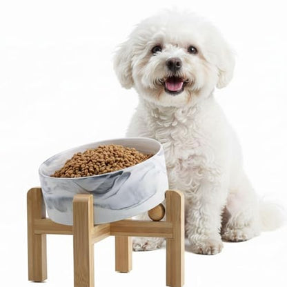 hjn Elevated Ceramic Dog Bowl 15°Slanted Raised Dog Bowl with Bamboo Stand for Small Medium Dogs and Cats, Pet Feeder -3.6-Cup (850ml)-Marble Gray - color: Marble Gray, size: 3.6Cup