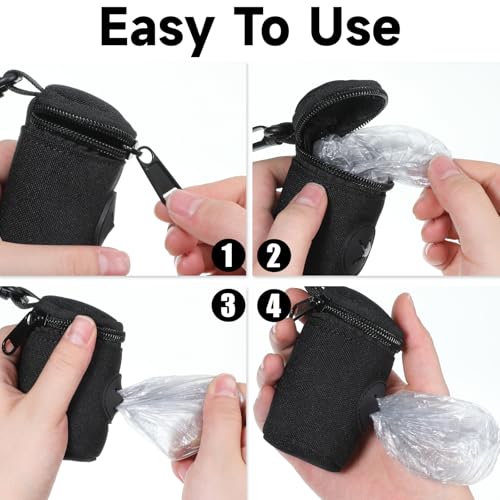 Dog Poop Bag Holder for Leash, Durable Fabric Poop Bag Dispenser with Zipper, Soft Pet Waste Bags Pouch, Small Doggy Puppy Walking Accessories Attachment for Leash (Black)