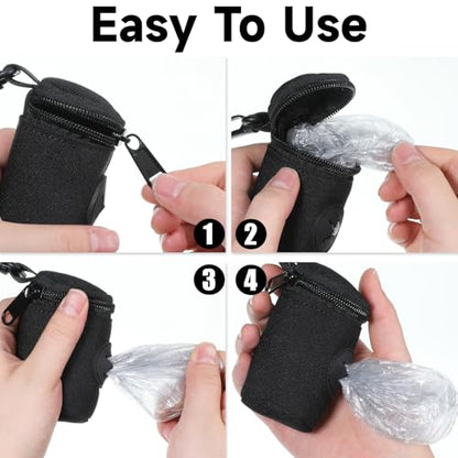 Dog Poop Bag Holder for Leash, Durable Fabric Poop Bag Dispenser with Zipper, Soft Pet Waste Bags Pouch, Small Doggy Puppy Walking Accessories Attachment for Leash (Black)