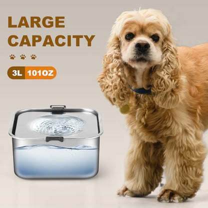 3L/101oz No Spill Dog Water Bowl, Slow Drinking Travel Dog Bowl Spill Proof, Stainless Steel Slobber Stopper for Messy Drinkers, Small Medium & Large Breeds, Square