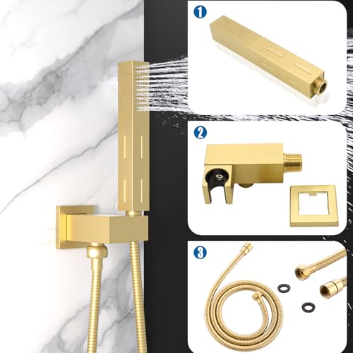 2 Settings Models Handheld Shower Head Sprayer High-Pressure with 59" Long Flexible Hose, Square 2 in1 Solid Brass Adjustable Shower Wand Replacement Kit, Brushed Gold - color: Brushed Gold