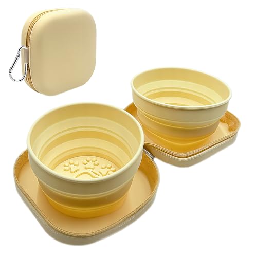 Portable Dog Bowl, Collapsible 2-in-1 Travel Dog Bowls with Carabiner Clip, Silicone Double Pet Food and Water Dish for Outdoor Camping and Hiking (Yellow) - color: Yellow