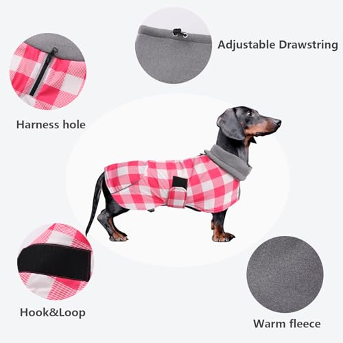 Dachshund Coats Waterproof Suitable for Dachshunds Sausage Weiner Dog Winter Coat Padded Fleece Puppy Snowsuit with Adjustable Bands Reflective Stripe - Plaid Pink - L - color: Plaid Pink, size: Large
