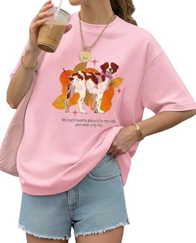 Aiyino Womens Funny Dog Graphic Tee Oversized Dog Lover Shirt | 100 Percent Cotton Soft Breathable Lightweight Everyday Comfort - color: Pink, size: Small