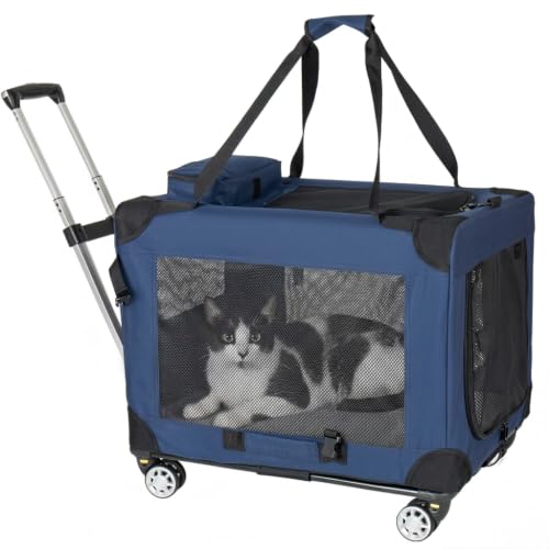 2-in-1 Travel Dog Crate, Dog Carrier with Detachable Rolling Base for Small & Medium Dogs & Cats, Multi-Door Design Soft Dog Crate, Up to 40 lbs, Blue