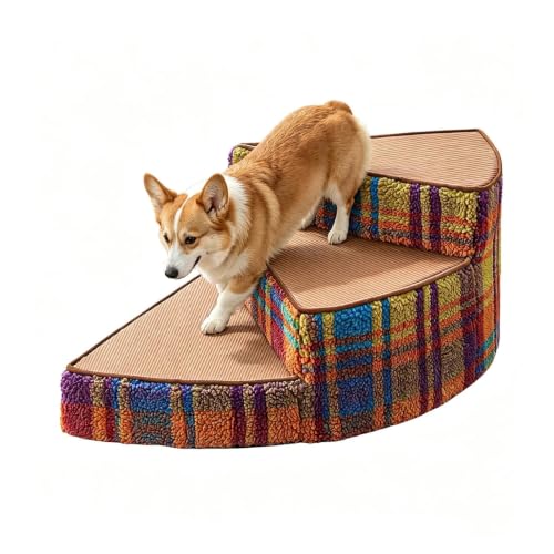 Curved Dog Stairs for Small Dogs & Cats – Pet Steps with Non-Slip Textured Surface, Removable Washable Cover & High-Density Foam(Brown,3-Step) - color: Brown, size: 3-Step