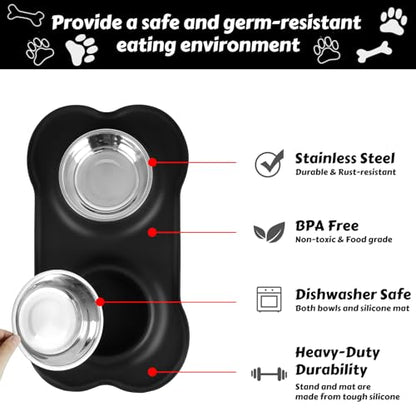 AsFrost Dog Food Bowls Stainless Steel Pet Bowls & Dog Water Bowls No Spill Non Skid, Feeding Bowls with Dog Bowls Silicone Mat for Small Medium Large Size Dogs, Cat Pet Dog Dishes Set, Black, 3 Cup - color: Black, size: 3 Cup/27 oz each