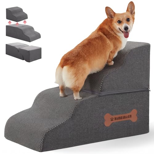 Dog Stairs 4 Steps for Small Dogs and Cats to Get on High Beds, Couch or Car, Pets Can Climb, Sit, Lie Down or Perch to Look Out Windows on The Spliceable Ramp, Provides Support, Grey（19" H） - color: Dark Grey, size: 27.5"D x 15.7"W x 19"H