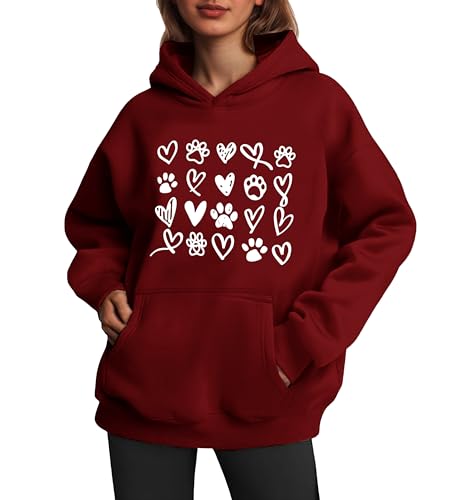 Womens Dog Paw Hoodie-Long Sleeve Pullover Fleece Lined Dog Mom Sweatshirts with Pocket - color: A-dark Red, size: Small