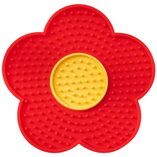 Silicone Lick Mat with Suction Cups Flower Shape Slow Feeder Pad for Dogs Cats Grooming Bathing - color: Red