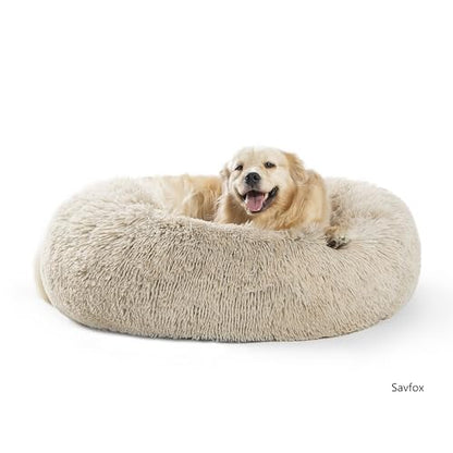 SAVFOX 36 inches Calming Donut Dog Bed - 3X Durable Plush Faux Fur, Machine Washable & Non-Slip, Fits up to 100 lbs, Beige - color: Beige, size: Large | 36"x36"