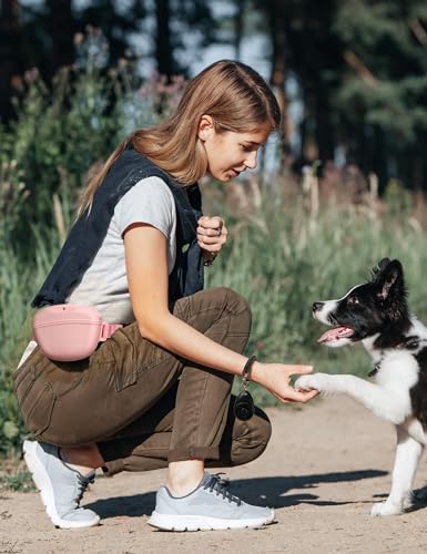 heouvo Dog Treat Pouch with Training Clicker, Upgrade Stronger Magnetic Closure to Avoid Spilling, 1.67 Cup Silicone Treat Bag Fanny Pack with Waist Belt for Pet Training Walking (Pink) - color: Pink