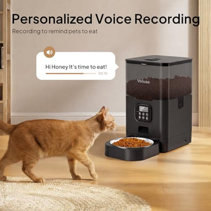 VOLUAS Cat Dry Food Dispenser with Timer, Automatic Cat Feeders with Desiccant Bag, Programmable Portion Size Control 4 Meals Per Day, 10s Voice Recorder | Programmable Portion Control, Up to 4 Meals Daily, Dual Power Supply, Power-Off Memory, 10-Second V