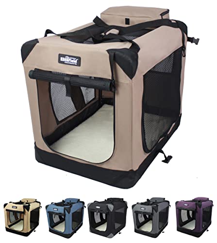 EliteField 3-Door Folding Soft Dog Crate with Carrying Bag and Fleece Bed (2 Year Warranty), Indoor & Outdoor Pet Home (20" L x 14" W x 14" H, Khaki) - color: Khaki, size: 20.0"L x 14.0"W x 14.0"H