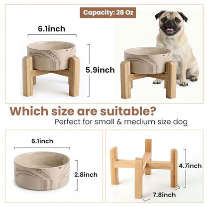 hjn Elevated Ceramic Dog Bowl with Bamboo Stand, Raised Pet Feeding Station for Small Medium Dogs Cats, Modern Design with Anti-Slip Base (Marble Brown, 3.6Cup) - color: Marble Brown, size: 3.6Cup