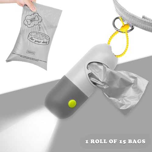 Dog Poop Bag Holder with LED Flashlight for Night Walks,Silicone Tether & Dachshund Pattern Clip for Used Bags,Hands-Free Metal Leash Carabiner,15 Scented Waste Bags(Light Grey) - color: Light Grey