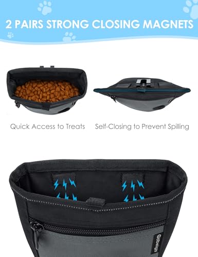Gobeigo Dog Treat Pouch and Training Clicker, Upgrade Two Magnetic Closure to Prevent Spills, 2 Cup Treat Bag with Poop Bag Dispenser, Metal Clip Waist Belt Fanny Pack for Pet Walk (Black/Gray) - color: C-Black/Gray