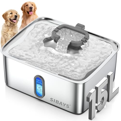 SIBAYS 4Gal/15L Dog Water Fountain for Large Dogs, Stainless Steel Large Pet Water Fountain, Ultra Quiet Automatic Dog Water Bowl Dispenser with Water Level Window and LED Light(FS78, Silver-Grey) - color: Silver-Grey