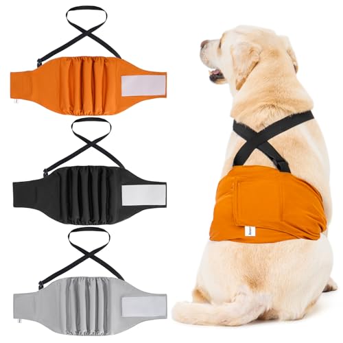 3 Pack Avont Male Dog Belly Band with Suspenders, Reusable Boy Doggie Diaper with Harness, Escape Proof, Non-Slip, Washable Doggy Pee Wraps for Small Medium Large Dogs - color: Black/Grey/Brown, size: 2XL