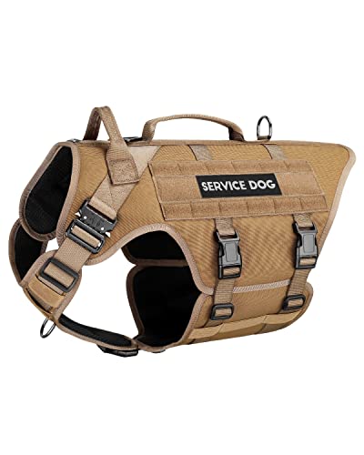 Tactical Dog Harness - PETNANNY Service Dog Vest for Large Dogs Fully Body Coverage in Training Dog Harness with 2 Reflective Dog Patches, Handle, Hook and Loop Panels, Dog MOLLE Vest (Khaki, L) - color: Khaki, size: Extended Back L (Chest: 28-39", Neck: