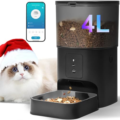 ANDOLL HOME 2.4G Automatic Cat Feeder, 4L WiFi Food Dispenser with 10s Voice Recorder, Pet Feeder up to 10 Meals per Day, Timed Cat Feeder with Dry Food Sealed Ring - color: Frosted Black