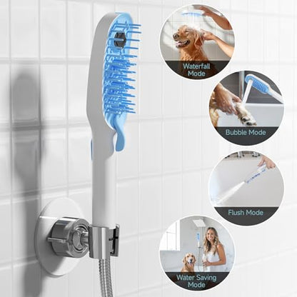 SR SUN RISE Dog Shower Attachment for Thick Haired Dogs, 4 Spray Mode Pet Bath Sprayer with Stainless Steel Diverter Valve & 6.5 Foot Hose, Indoor & Outdoor Dog Washing Grooming Supplies, Blue/White