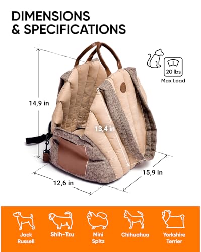 Owleys Dog Travel Bag | Cat Carrier | Small Pet Taxi | Lightweight Soft-Sided Tote, Car-Seat Compatible, Washable, 6–20 lb | Vegan Materials | Brown