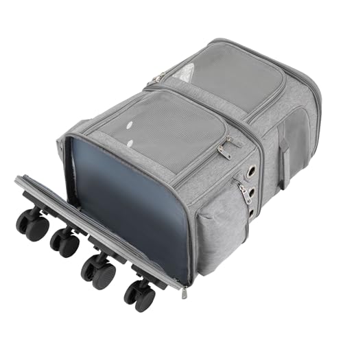 Double-Compartment Pet Rolling Carrier with Wheels, 13.78 * 10.24 * 24.01 in Ajustable Pet Carrier, 22.05 lbs Bearing Collapsible Pet Trolley Bag for Cats, Dogs, Pet Ferrets, Rabbits (Grey) - color: Grey