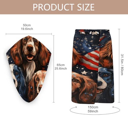 American Usa Flag Dogs Microfiber Bathrobe and Hair Towel Wrap Set for Women Quick Dry Shower Towels Wrap Absorbent Soft Bath Robe and Hair Drying Cap for Spa After Shower