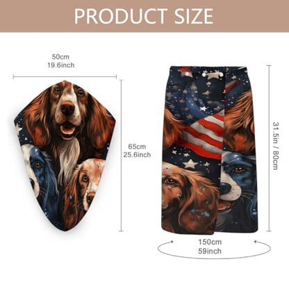 American Usa Flag Dogs Microfiber Bathrobe and Hair Towel Wrap Set for Women Quick Dry Shower Towels Wrap Absorbent Soft Bath Robe and Hair Drying Cap for Spa After Shower