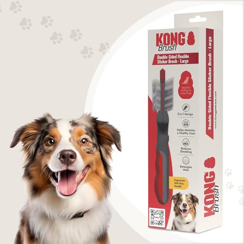 KONG Double-Sided Flexible Slicker Brush – De-Shedding & Detangling Tool, Padded Grip, Long Metal Pins, Flexible Head, for Medium to Large Dogs with Medium to Long Coats, Red/Gray - size: Medium Double-Sided Flexible Slicker