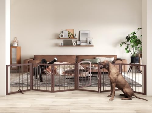 JSB 144-inch Extra Wide 30-inch Tall Dog gate with Door Walk Through, Freestanding Round Tube Pet Gate for Halls Stairs, Puppy Safety Dog Fence with 2PCS Support Feet (Espresso) - color: Round Tube Espresso, size: 144 x 30 inches