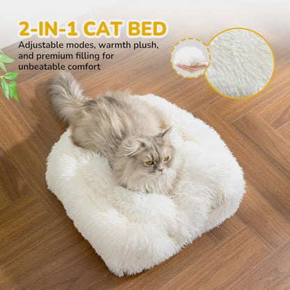 CATISM Cat Bed, Cat Cave for Indoor Cats, Soft Cat Dome, Self-Warming 2 in 1 Foldable Pet Cat House with Washable Cushioned Pillow Calming Fluffy Dog Beds for Small Dogs with Anti-Slip Bottom White - color: White