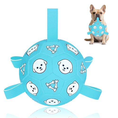 6 Inch Dog Soccer Ball, Interactive Dog Toys for Small Dogs | Floating Water Toys, Jolly Ball with Straps, Durable Outdoor Training Dogs Tug Toy, Outside Pet Toys, Birthday Gift for Puppy - color: Pale Blue, size: Medium-6 Inch