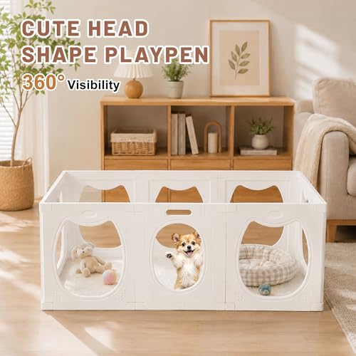 Dog Playpen with Storage Basket, 4 PCS 23.6" H Clear Acrylic Puppy Playpen with Dog Head Shape, Foldable Cat Playpen Indoors Outdoors with Door Gate for Small & Medium Pet Rabbit, Duck, Chick