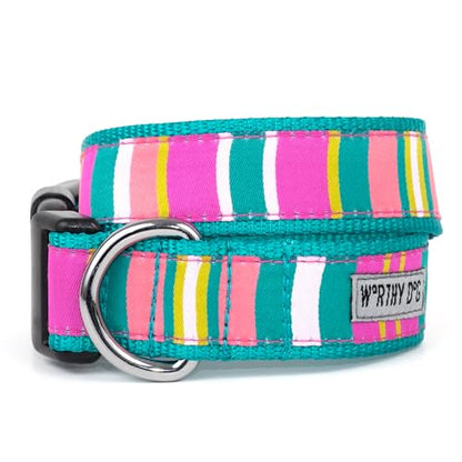 THE WORTHY DOG Spring Holiday Fiesta Stripe Dog Collar – Durable Nylon, Woven Ribbon, Quick-Release Buckle, Nickel D-Ring – Teal, Small - color: Fiesta Stripe - Teal, size: Small