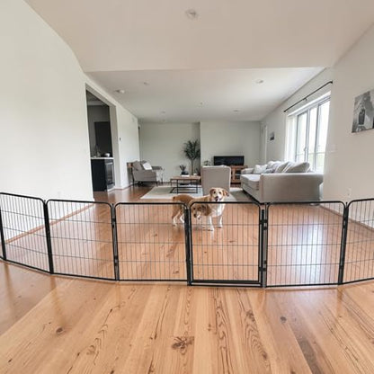 Extra Wide Adjustable Dog Gate w/Door – 40 inch Tall & Up to 214 Inch Wide 8 Panel Indoor Pet Barrier, Freestanding Heavy Duty Black Metal Fence for Medium & Large Dogs - size: 40 Inch