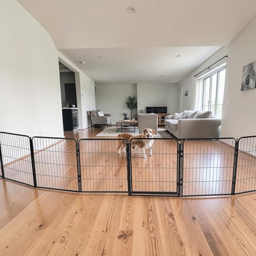 Extra Wide Adjustable Dog Gate w/Door – 40 inch Tall & Up to 214 Inch Wide 8 Panel Indoor Pet Barrier, Freestanding Heavy Duty Black Metal Fence for Medium & Large Dogs - size: 40 Inch