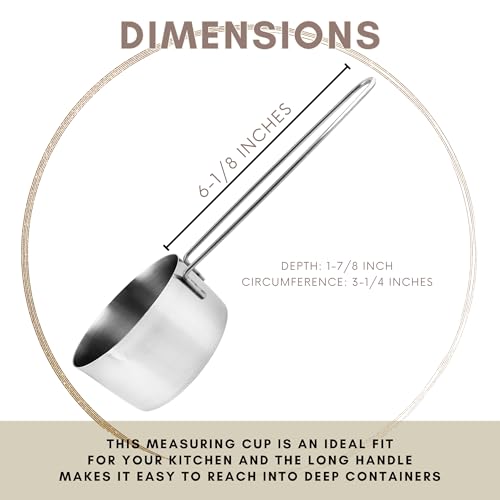 1 Cup Stainless Steel Measuring Cup, Long 6" Wire Loop Handle and Pour Spout | Sturdy Metal 250 ml | 240 cc | 8 oz | Single Cup for Wet and Dry Ingredients | Great for use as 1 Cup Dog Food Scoop - size: 1 Cup Long Handle