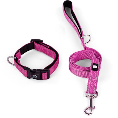 IVY&LANE Reflective Dog Collar and Leash Set,Adjustable Neoprene Padded Dog Collars, Breathable Nylon Pet Collar for Small Medium Large Dogs(Small,Fuchsia Pink) - color: Fuchsia Pink, size: S