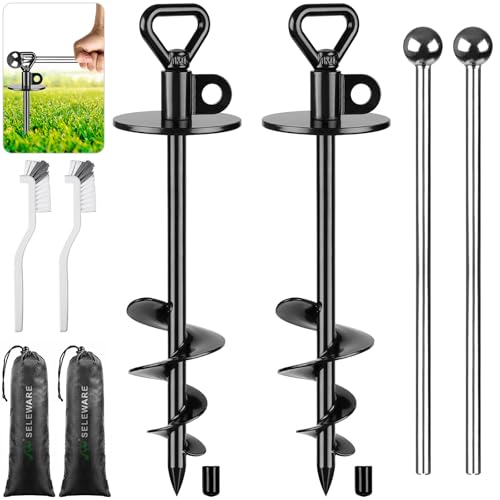 SELEWARE Dog Tie Out Stake Outdoor Anti-Rust Ground Anchor for Large Dogs up to 220 lbs, Free Swivel Dog Stake Dog Camping Gear Twist Rod Included, 2 Pack - color: Black-C-2pcs, size: L stake only