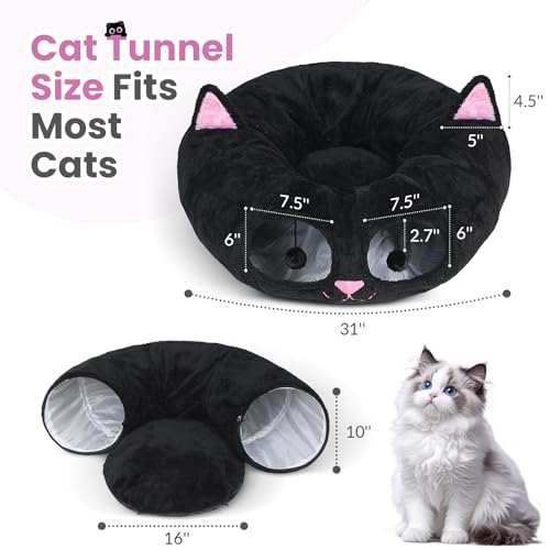 Cat Tunnel Bed for Indoor Cats, Peekaboo Cat Cave with Washable Soft Play Mat, Furry Cat Tube, for Kitten/Puppy/Rabbit, Kitten Series Black Pink - color: Black Pink