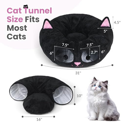 Cat Tunnel Bed for Indoor Cats, Peekaboo Cat Cave with Washable Soft Play Mat, Furry Cat Tube, for Kitten/Puppy/Rabbit, Kitten Series Black Pink - color: Black Pink