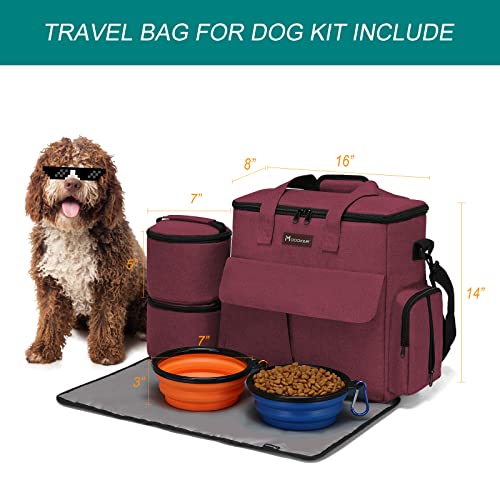 Airline Approved Pet Travel Bag, Weekend Travel Set for Dog and Cat, Airline Approved Tote Organizer with Multi-Function Pockets, 2 Dog Food Storage Containers, 2 Collapsible Bowls (Rose Red) - color: Rose Red