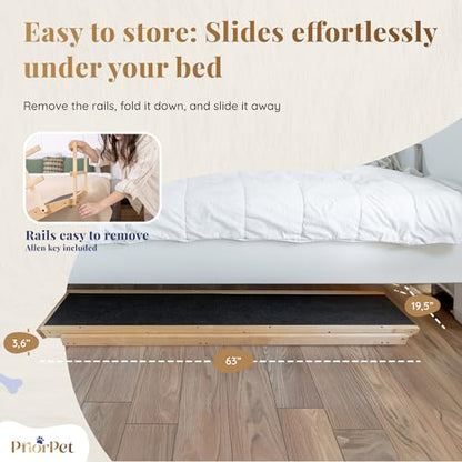 Dog Ramp for Bed with Safety Rails for High Beds up to 37" – Extra Wide 19.5" Adjustable Dog Bed Ramp for Large Dogs up to 200 lbs – Solid Birchwood, Non-Slip Rubber Surface, Foldable Design – Natural - color: Natural