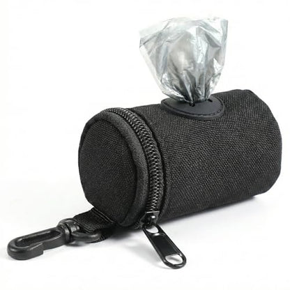 Dog Poop Bag Holder for Leash, Durable Fabric Poop Bag Dispenser with Zipper, Soft Pet Waste Bags Pouch, Small Doggy Puppy Walking Accessories Attachment for Leash (Black)