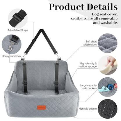Wooaidagg Dog Car Seat for Medium & Large Dogs Up to 55lbs, Memory Foam Cushion, Washable Cover, Safety Straps & Non-Slip Base(Grey,Large) - color: GREY