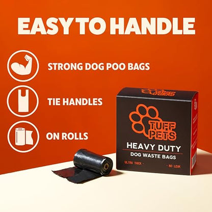 Tuff Pets Heavy Duty Dog Poop Bag With Handles - 16 Rolls of Pet Waste Bags - Fits in any Dogs Poo Bag Dispenser or Holder - Thick Dog Poop Bags - style: Orange- Cornstarch