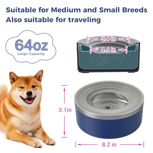 WENBOKMIN Stainless Steel Dog Water Bowl, Slow Dog Bowls with Non Slip Bottom, No Spill Detachable and Easy to Clean, Keep Xerosis Pilorum, 64oz, Blue - color: Blue