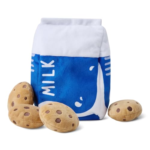 Amazon Basics Interactive Dog Squeak Toys with 1 Milk Carton and 4 Cookies, Ideal for Puppies, Small and Medium Dogs, Soft Plush for Fetch and Cuddling - style: Dog Squeak Milk Carton cookies